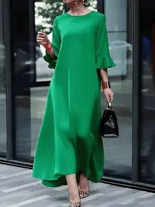 Plus Size Women's Vintage Red A-Line Maxi Dress with Ruffled Shorter Three-quarters Sleeves - Loose Fit Round Neck Summer Dress Suitable for Weddings, Church, Parties, Casual Outfits - Machine Washable Solid Color Dress
