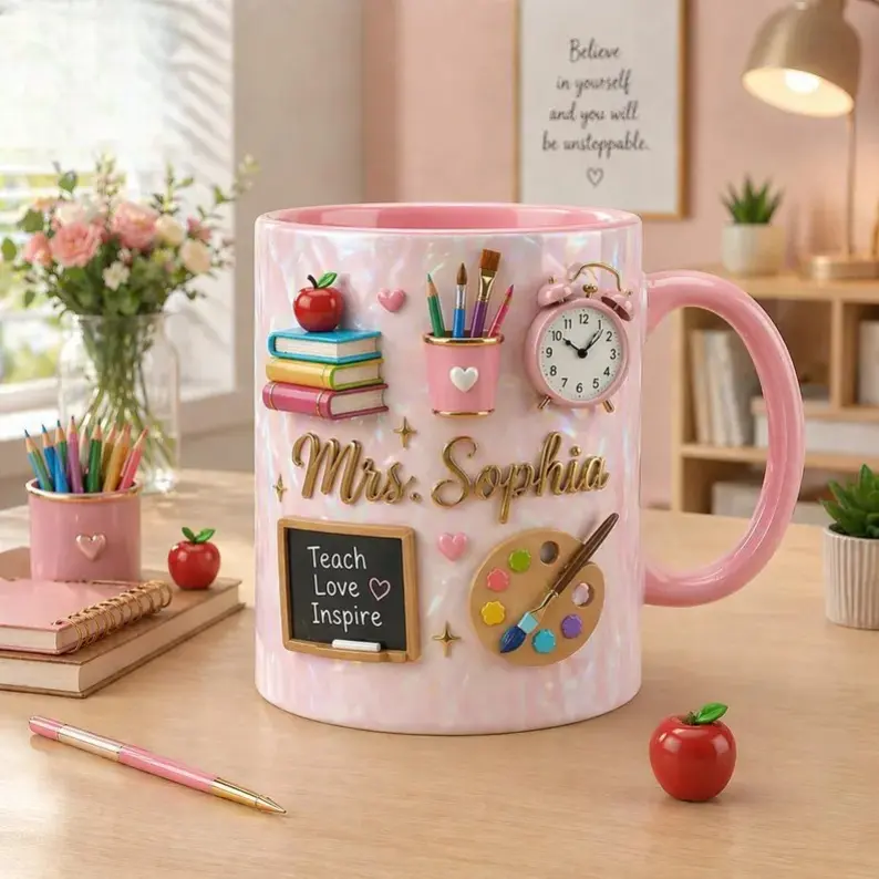 Custom Name Teacher Faux 3D Effect Mug, Back to School Mug, Personalized Teacher With Name Coffee Cup, Teacher Appreciation Gift, Pink Classroom Mug 2D Print Ceramic Cup
