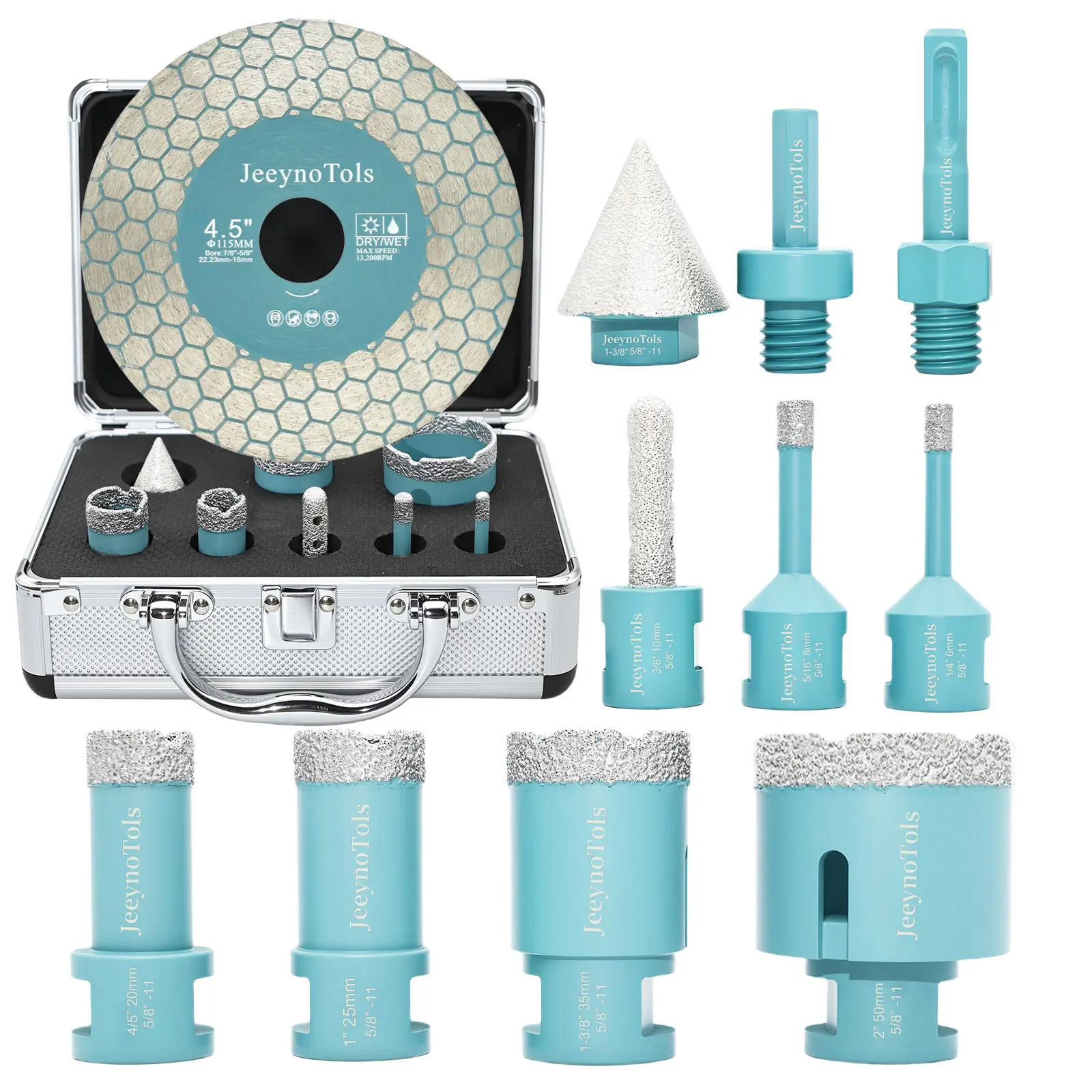 11pcs or 12pcs Dry Diamond Core Drill Bits Set, Drill Bit & Beveling Chamfer Bit & Vacuum Brazed Technology Finger Milling Bit & 2PCs Adapter 1pc or 2pcs Dual Coated Tile Saw Blade  for Drilling Shape Enlarge Marble Chip Removal Longer Service Life