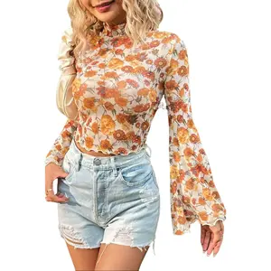 Women's Orange Floral Printed Bell-Sleeve Mock Neck Scallop Trim Blouse - Polyester Top, 1-Piece Women's Clothes for Chic Fashion Vibe