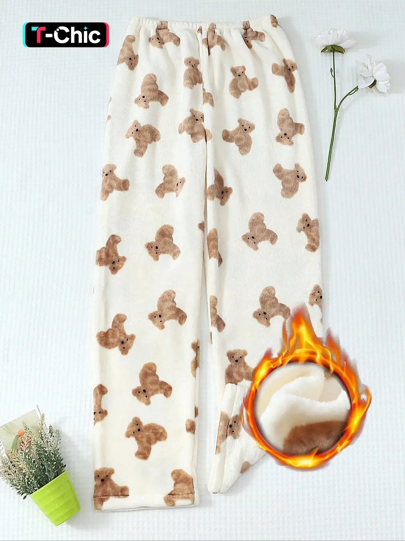 Women's Winter Cute Plush Animal Bear Print Soft Comfortable Fitted Flannel Pajama Pants, Cozy Fleece Lined Sleepwear Loungewear, Casual Nightwear for Ladies