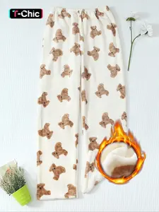 Women's Winter Cute Plush Animal Bear Print Soft Comfortable Fitted Flannel Pajama Pants, Cozy Fleece Lined Sleepwear Loungewear for Ladies