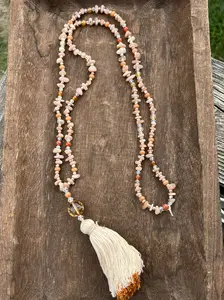 Peach Moonstone and Carnelian Mediation Necklace with Creme and Orange Tassel
