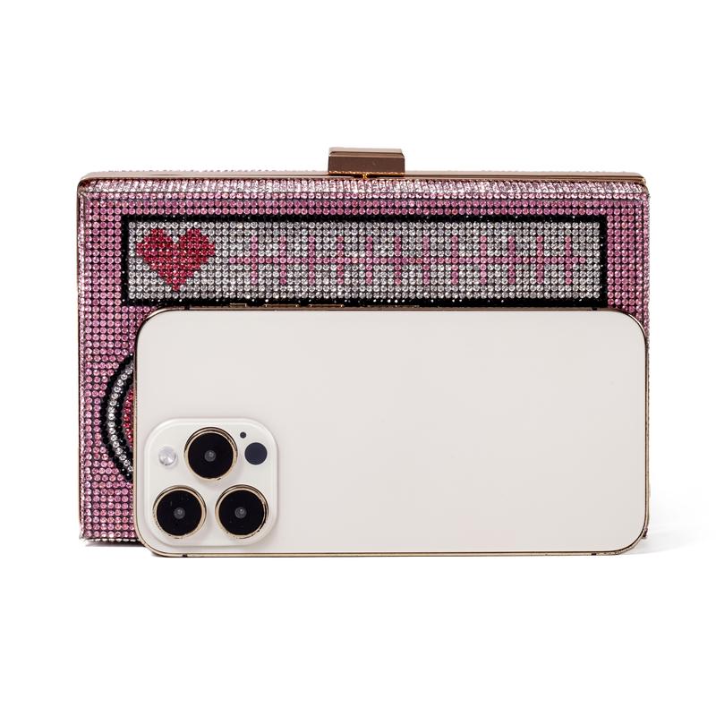 Women Retro Pink Radio Shape Crossbody Bag Rhinestone Metal Vintage Evening Clutch Purses