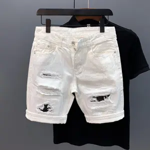 Big Whiskers And Ripped White Denim Shorts Men's Ins Trendy Summer New Style Scraped Pants Street Menswear athleisure camo shorts
