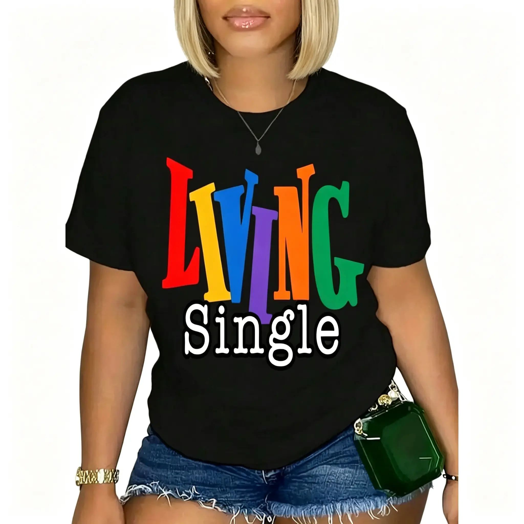 Comfy Living Casual Sports Top & Jeans Shorts 2-Piece Clothes Set - Round Neck Streetwear Tshirt, Bright Colored Lettering, Summer-Ready Comfort, Women, Casual Sports Tops, Regular Fit, Letters