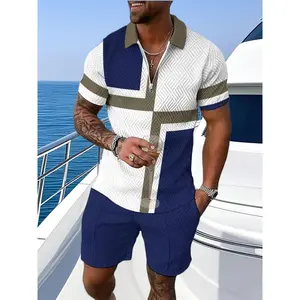 2pcs Set, New European & American Men'S Fashion Geometric Pattern V-Tie Shirt Shorts Set, Men'S Breathable and Comfortable, Short Sleeve Tie Pants Set