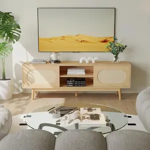 【Springtok】VOWNER Modern Rattan TV Stand for 55/60/65 inch TV with Natural Rattan Door and Shelves,Entertainment Center,Media Console Table for Living Room Organizing Storage Furniture