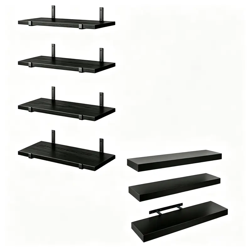7-Piece Modern Black Wall Mounted Floating Shelves - Sleek Home Decor, Practical Storage Solutions