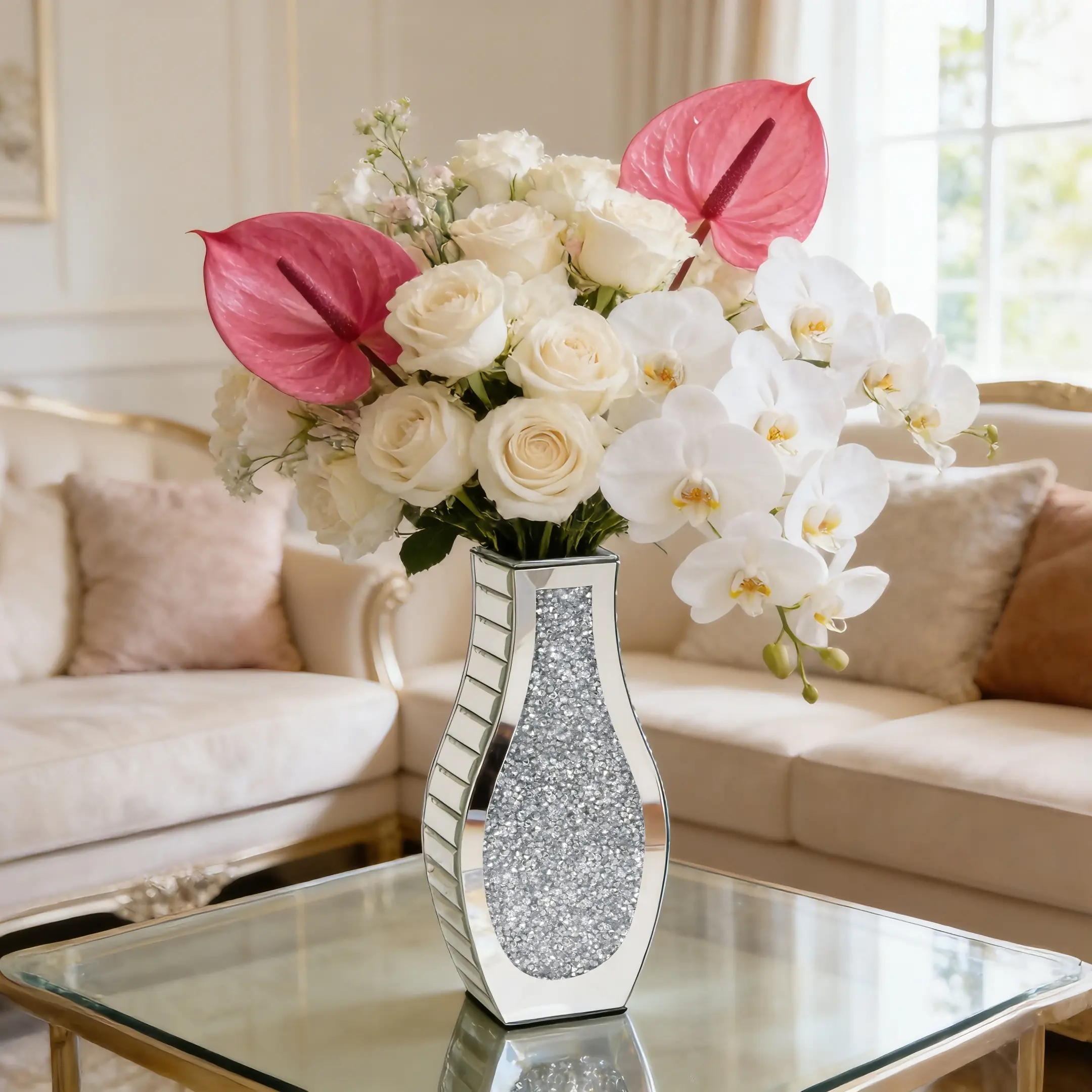 15-in Glam Silver Crushed Diamond Cylinder MDF+Glass Decorative Vase, Light Mirrored Desk Centerpiece for Dried Floral Displays, Ideal Home Decor Gift (Home Supplies, Vase & Fillers)