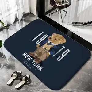 Preppy Teddy Bear Flannel Door Mat – "New York Academy" Stylish Design, Animal Printed Rug, Navy Blue Vintage Aesthetic, Non-Slip Indoor/Outdoor Welcome Mat for Trendy Home Decor, Home Decorative Rugs