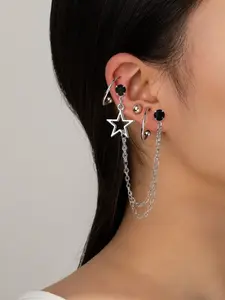 Y2K Dark Style Star Chain Earrings, Streetwear Hip Hop Multi-Piercing Stackable Studs Set, Trendy Fashion Jewelry for Men and Women