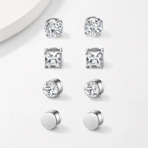 4 Pairs Stainless Steel Magnetic Stud Earrings for Men Women, Non Piercing Clip On CZ Stud Earrings Set Fashion Fake Earrings Jewelry Set for Sensitive Ear