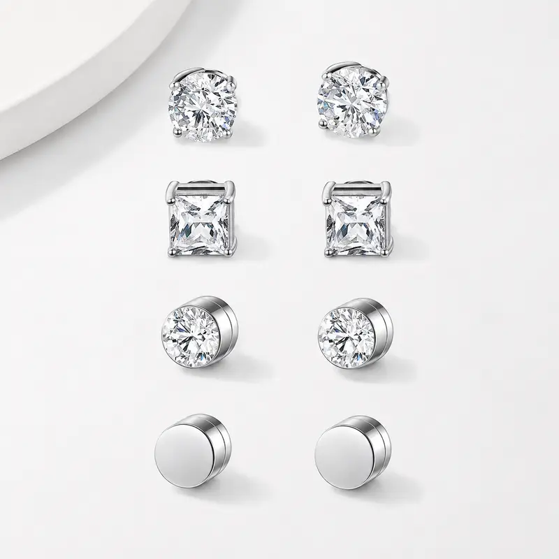 4 Pairs Stainless Steel Magnetic Stud Earrings for Men Women, Non Piercing Clip On CZ Stud Earrings Set Fashion Fake Earrings Jewelry Set for Sensitive Ear