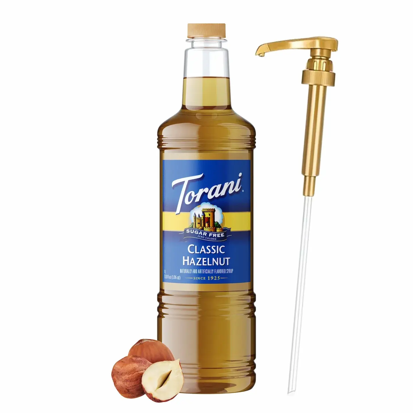 Torani Sugar Free Classic Hazelnut Syrup, 1L Bottle with Pump Dispenser - 0 Sugar, 0 Calories, Keto Friendly, Gluten-Free Natural Hazelnut Flavor Beverage for Coffee, Lattes