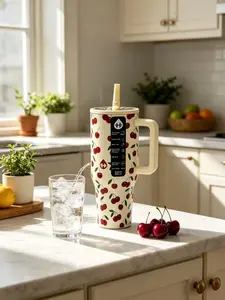 HydroJug 40oz Cherry Pattern Insulated Tumbler with Handle, Leakproof Flip Straw Stainless Steel Travel Mug, Cup Holder Friendly Cute Fruit Cup for Summer Daily Use