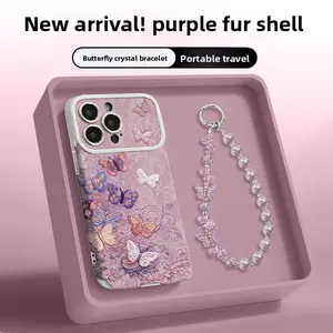 Purple Fur Shell Smartphone Casing & Cover - Electroplated Silicone Leather with Butterflies, Chain for iPhone 14/15/16 Pro Max/17, Portable Accessory + Crystal Bracelet, Elegant Protection for Travel