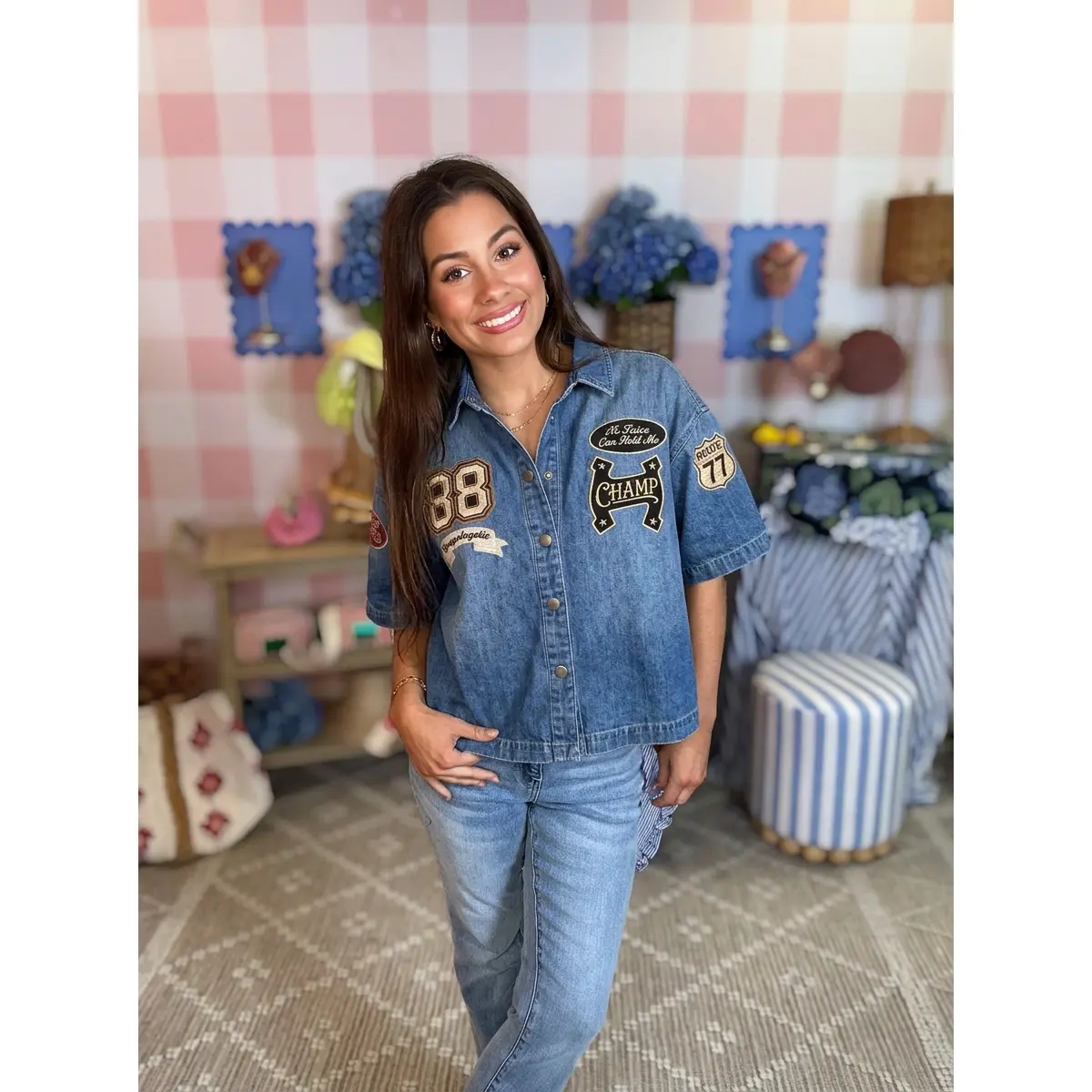 *Pre-Order* Varsity Patch Cropped Denim Shirt Jacket (ETA SHIP 8/14)