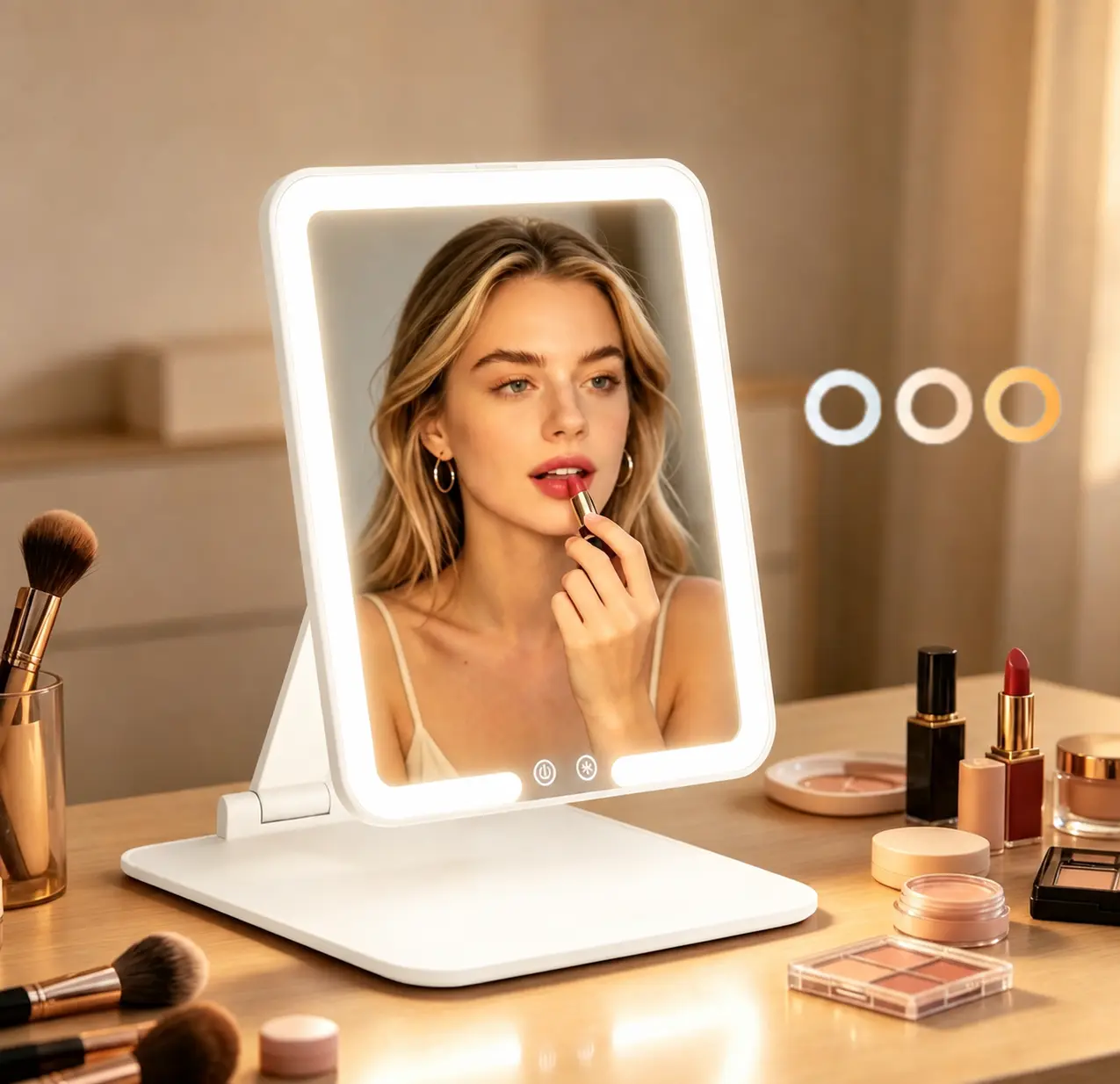 Auxmir Rechargeable Foldable Travel Makeup Mirror, 3Dimmable Color Temperature Lights with Touch Control,Adjustable Height & Angle, Ideal Gift for Birthdays &Holidays