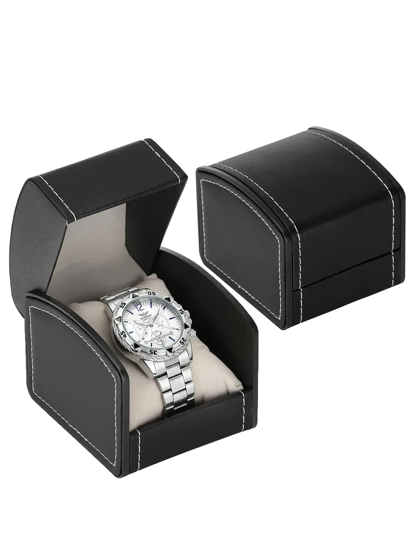 Business Modern Fashion Men's Round Dial Stainless Steel Strap Simulation Watch with PU Leather Watch Box, Detachable Pillow, Perfect Valentine's Day Gift for Him, Father's Day Gift