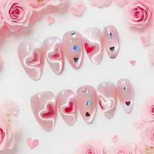 Mother's Day  Handmade Press on Nails | Heart Design Almond Square Shape Medium Length | Cat Eye Acrylic Nails for Women