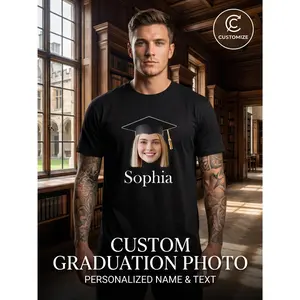 Custom Graduation Photo T-Shirt Personalized Face And Name Text Crewneck Short Sleeve Casual Tops for Men Women Unisex College High School Grad Party Celebration Commemorative Gift Creative DIY Graphi