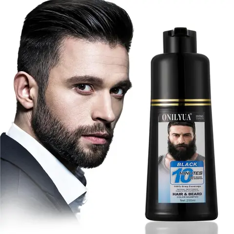 Men's 3-in-1 Ammonia-Free Black Beard & Hair Dye Shampoo - 10-Minute Instant Grey Darkening, Argan Oil Nourishing, Plant-Based Natural Formula, 24 Months Shelf Life, for All Beard Types, Boosts Healthy Facial Texture