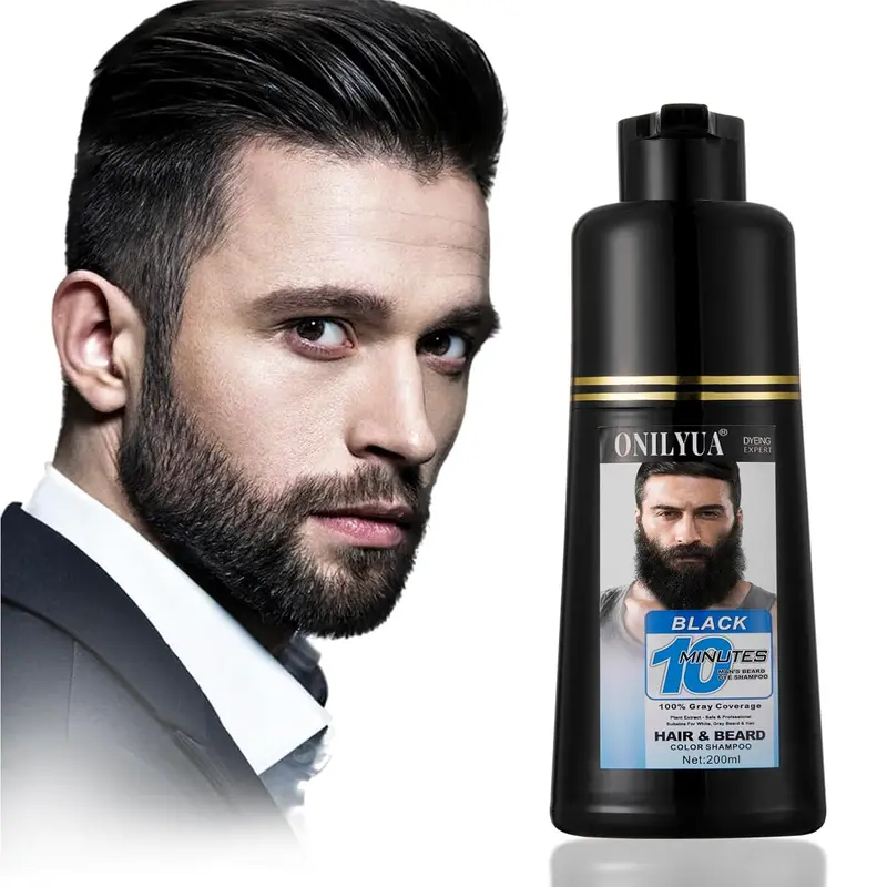 Men's 3-in-1 Ammonia-Free Black Beard & Hair Dye Shampoo - 10-Minute Instant Grey Darkening, Argan Oil Nourishing, Plant-Based Natural Formula, 24 Months Shelf Life, for All Beard Types, Boosts Healthy Facial Texture