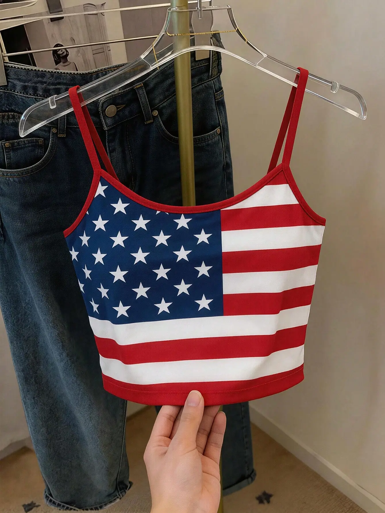 LALUZ Y2K US Flag Print Crop Top Women Spaghetti Strap Red White Blue Patriotic Camisole Round Neck Summer Holiday Streetwear