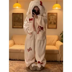 Women's CatPrint Onesie, Cute Cartoon Kity Pajamas Set, 100% Polyester Zip-Up Long Sleeve, Drop Seat Opening Design, Thanksgiving & Christmas Party Attire, Warm -Lined Winter Sleepwear, Family Xmas Matching Pajama Sets, Home Loungewear Jumpsuit