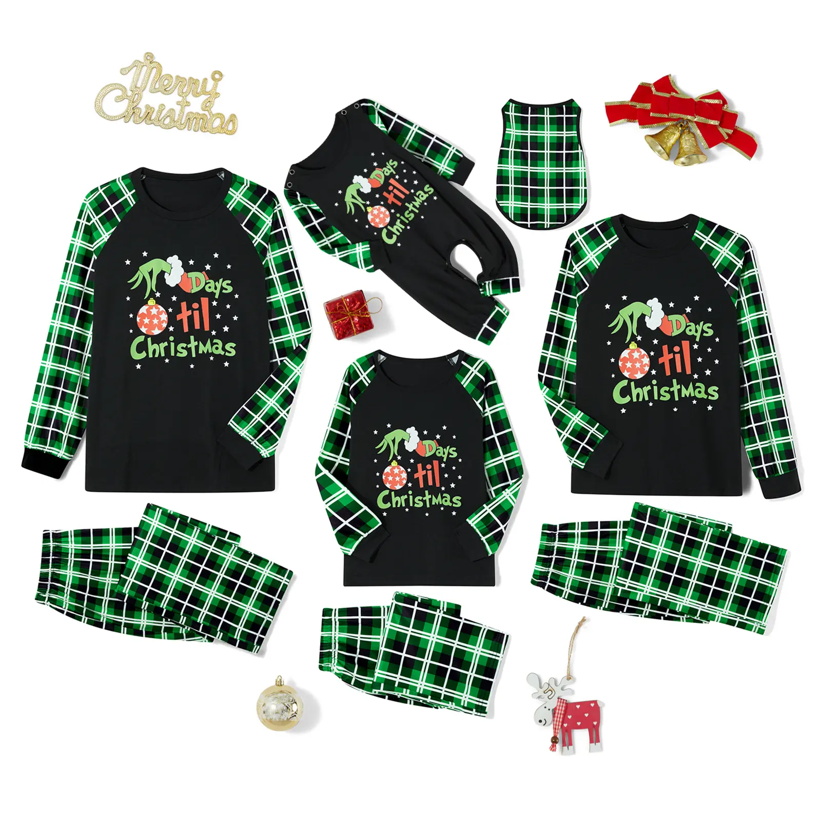 Christmas Family Pajamas Holiday Christma Pajama Family Matching Pjs Set Xmas Jammies Nightwear Green Letters Print T-shirt Plaid Pants