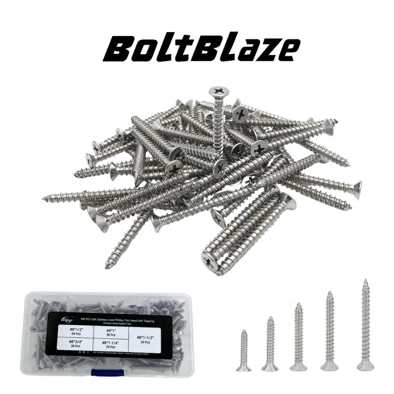 160-Piece Assorted Wood Screws – #8, 1/2" to 1-1/2" Sizes – 304 Stainless Steel, Flat Head Phillips, Truss Head Design – Durable Self-Tapping Screws for Woodworking, DIY, and General Repairs screw set Hex Washer