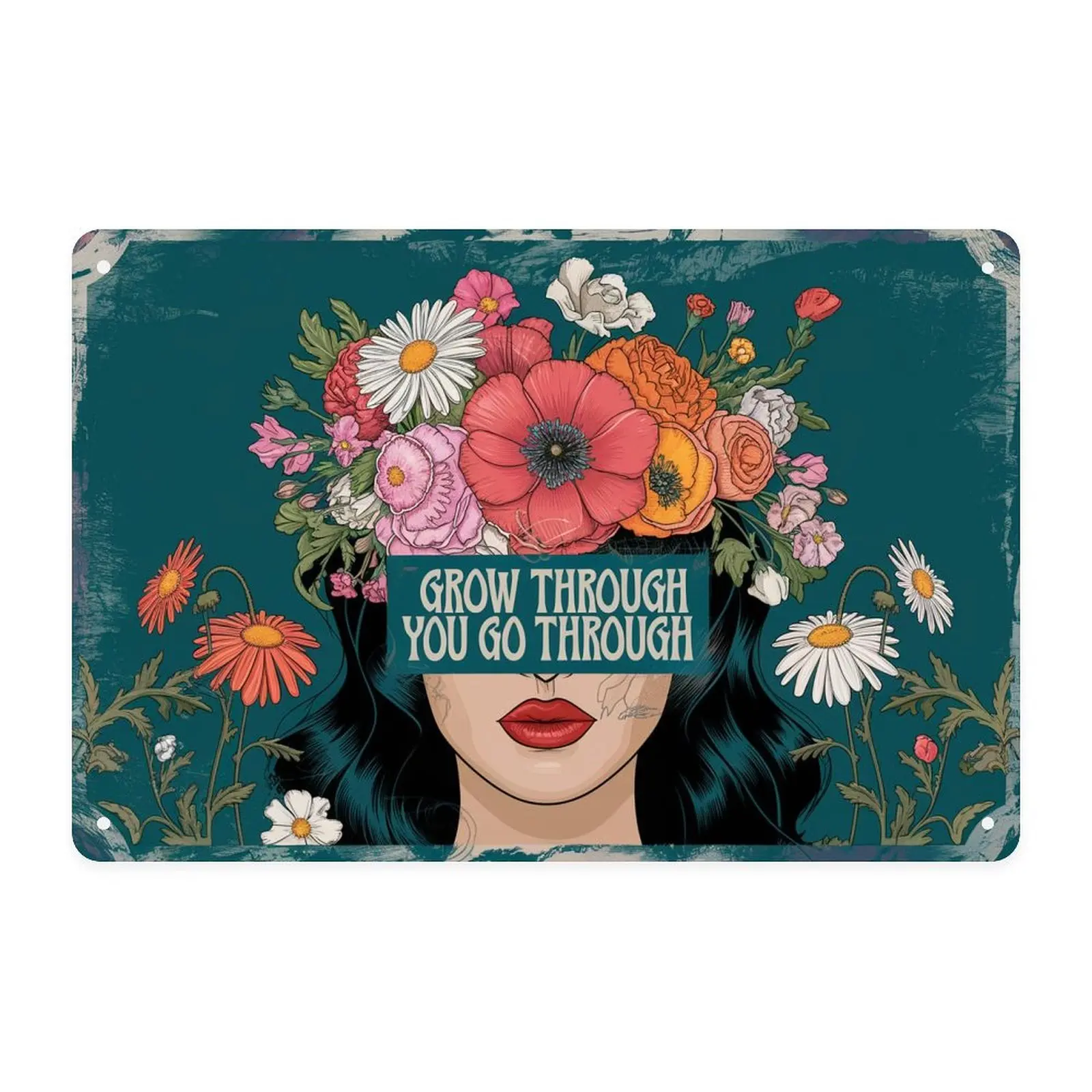 Floral Woman Grow Through You Go Through Motivational Tin Sign, Vintage Botanical Flower Girl Metal Sign Print Aesthetic Room Decoration for Home Bedroom Dorm Bathroom Wall Decor 8 X 12 in
