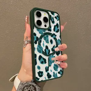 Magnetic Stylish Case for iPhone 17 16 E Pro Max 15 Plus 14 13 12 11 XS XR, Aesthetic Teal Glitter Leopard Print Vibes | Lightweight, Shockproof, Silicone, Scratch Resistant, and Cute