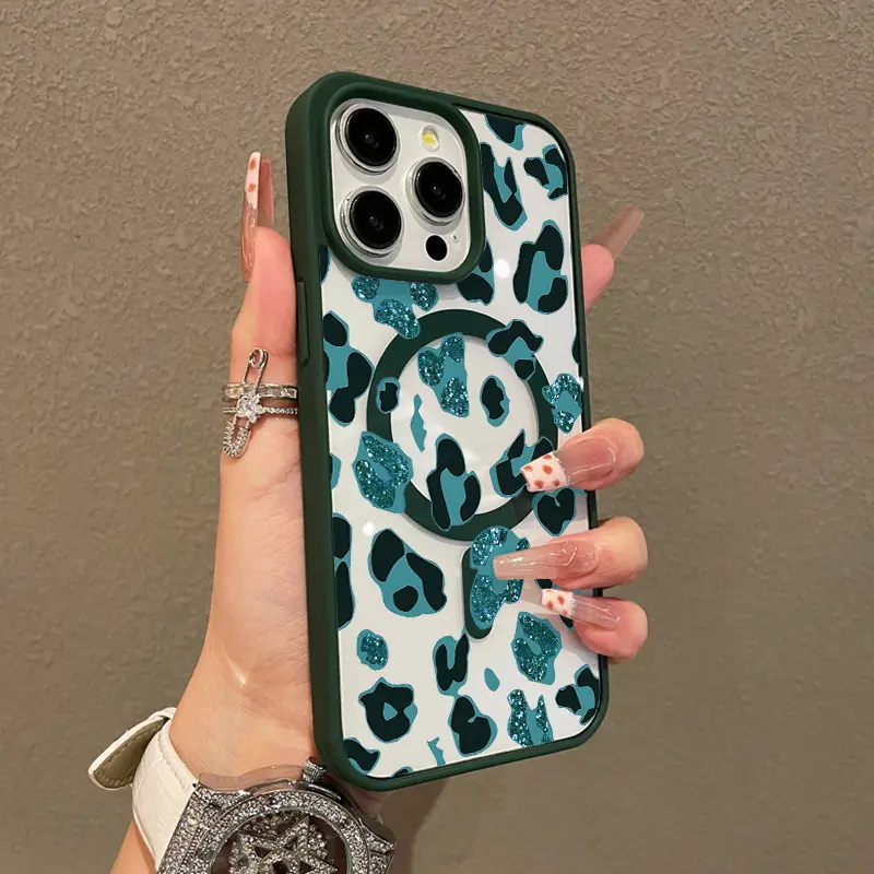 Magnetic Stylish Case for iPhone 17 16 E Pro Max 15 Plus 14 13 12 11 XS XR, Aesthetic Teal Glitter Leopard Print Vibes | Lightweight, Shockproof, Silicone, Scratch Resistant, and Cute
