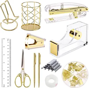 Gold Office Supplies Set Desk Accessories, Acrylic Stapler Set Staple Remover, Phone Holder, Tape Holder, Pen Holder, 2 Ballpoint Pen, Scissor, Binder.