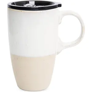 Ceramic Travel Coffee Mug with Handle and Lid, 18 oz, Portable Coffee Cup for  Cup Holder, Microwave and Dishwasher Safe, Reactive  (White)