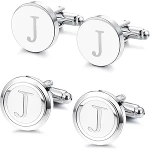FINREZIO 4 Pcs Silvery Classic Personalized Initial J/M Cufflinks for Men Women Polished Alloy Engraved Letter Cuff Links Hypoallergenic Formal Cufflinks for Business Wedding Groomsmen Father's Day Gift