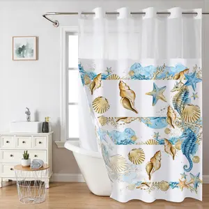Sea Life Pattern Shower Curtain, Waterproof Bathroom Curtain with 12pcs Hooks & 1 Count Bath Mat, Bathroom Accessories for Home Hotel Salon, Shower Curtain Set