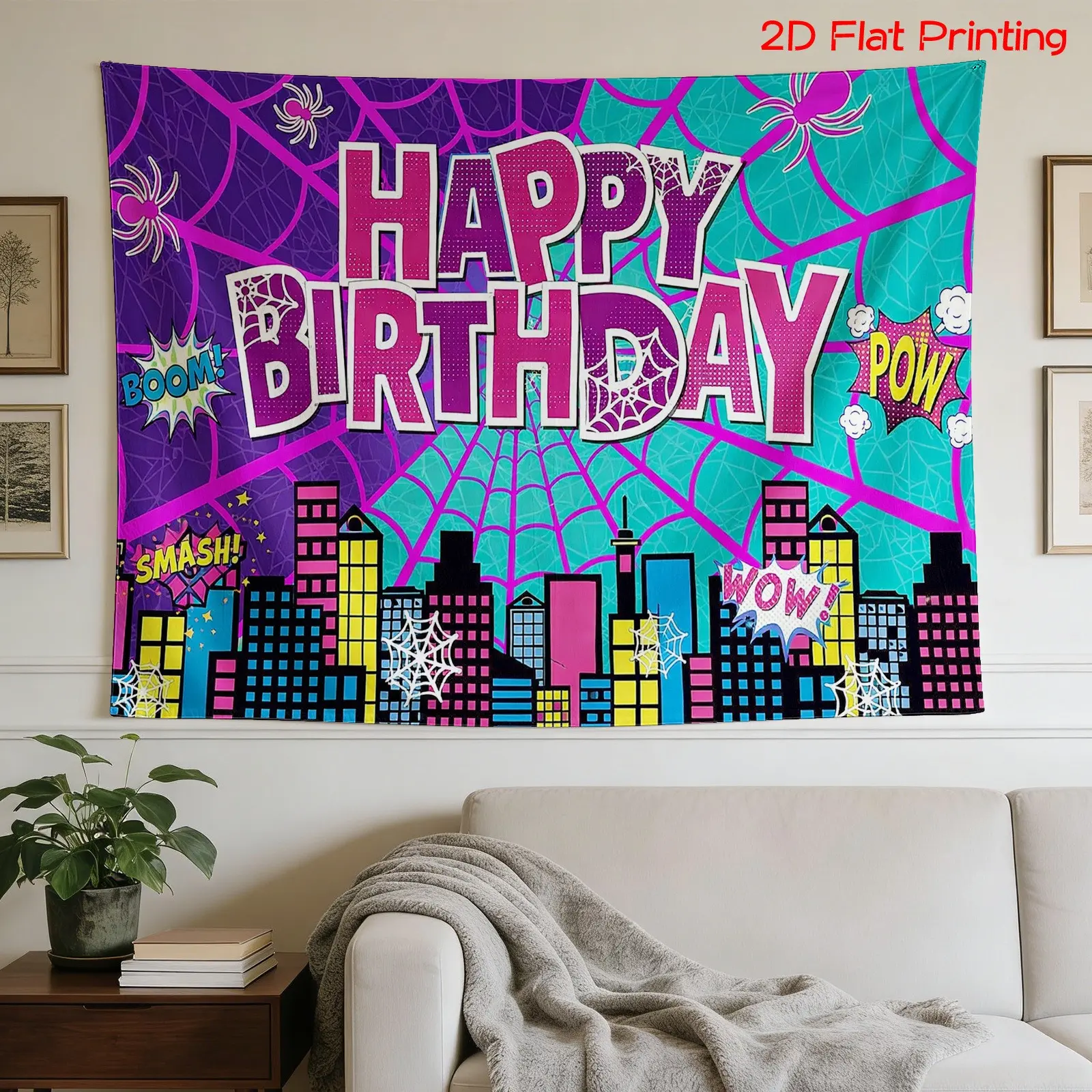 2D Flat, [2D Flat Printing] 1 High Definition Digital Print Tapestry+ Happy Birthday, Comic Style, Spider Web, Cityscape+Holiday Gift, Home Decor, Party Backdrop, Landscape Wall Art, Nature-Inspired Design, Suitable for Multiple Settings