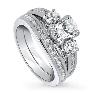 BERRICLE Sterling Silver 3-Stone Engagement Rings Statement Stackable Band for Women, 1.2 Carat Oval Cut Cubic Zirconia CZ Ring Set