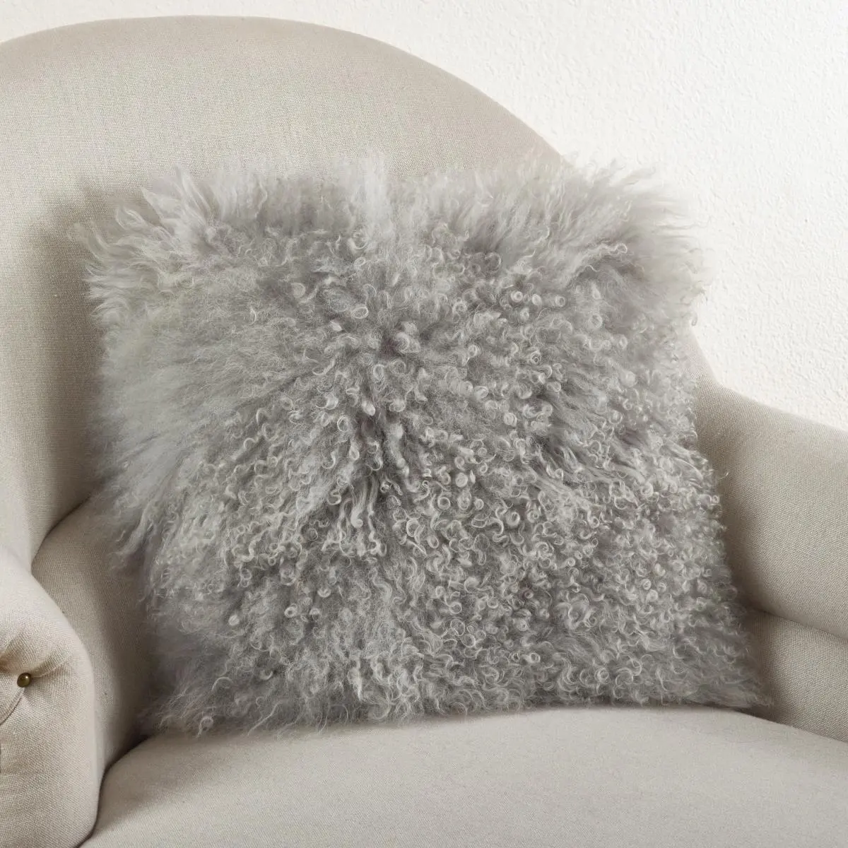 Saro 3564.FG20S 20 in. Square Solid Mongolian Wool Fur Throw Pillow - Home Decorative Cushion, Outdoor Sofa Accessory, 1.25 lbs, Spot Clean, Avoid Direct Sun Exposure (Fog)