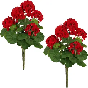 2 PCS 18" Artificial Geraniums for Outdoors, UV Resistant Red Silk Flowers for Window Box Porch Patio Garden Decor, Waterproof Ruby Red