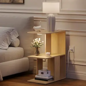 MAHANCRIS End Table with Charging Station and Sensor light for Small Spaces, Living Room, Bedroom, USB Ports and Outlets