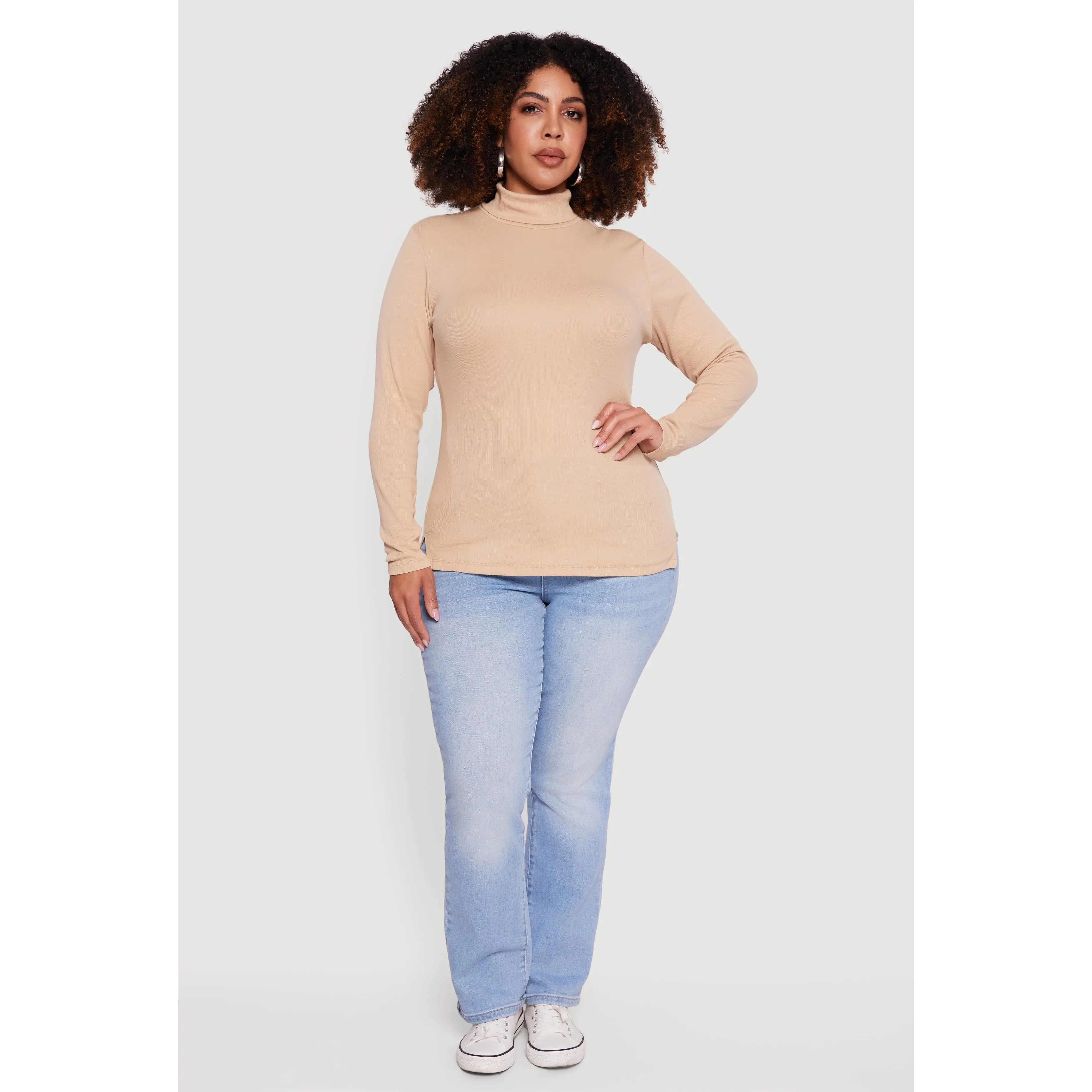 Plus Size Ribbed Knit Turtleneck Long Sleeve Top