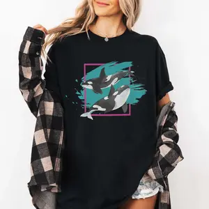 Women's Retro Orca Print Oversized Short-Sleeve Round Neck Denim T-Shirt - Ocean-Themed Fashion Piece, Comfortable Breathable Marine Life Streetwear Top, Blue Plaid Swimming-Friendly Cargo Slip Casual Top