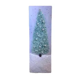 Aqua Green Blue Resin Coated 4x12" Christmas Tree Wall Hanging, Crushed Glass & Tiny Ornaments Bling Mantle Art, Stretched Linen Canvas