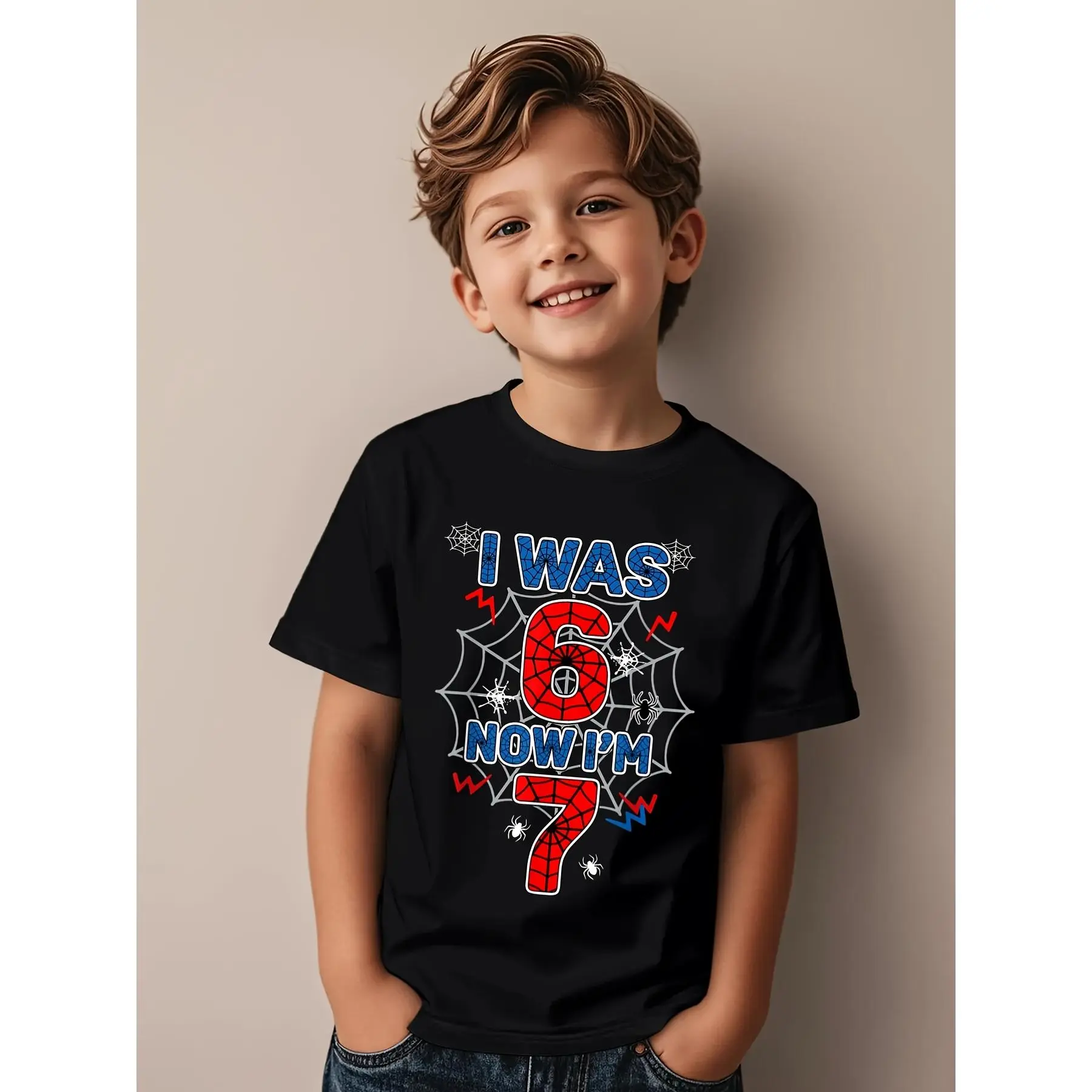 Kids' 6 to 7 Year Old 67 Number Graphic Tee - Cute Spider Web 7th Birthday Outfit, Round Neck Cotton Slight Casual Comfy Shirt for Boys, Party & Daily Wear (Hand Washable)