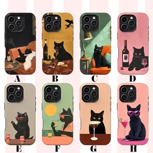 Black Cat Cocktail iPhone / Tough Phone Case, Retro Lounge Bar Aesthetic Design, Designed for iPhone 17 16 15 14 13 12