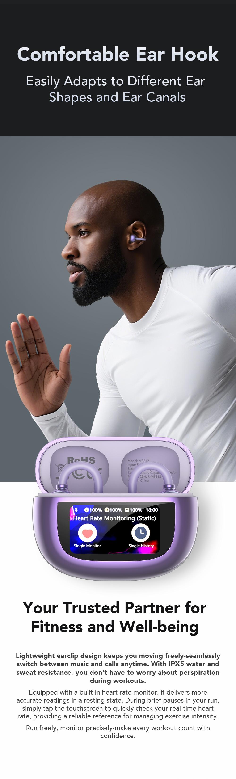 MINISO MS212 Clip-On Ear Headphones with Heart Rate Monitoring Wireless Audio Headphones for Music & Phone Calls, IPX5 Sport Waterproof & Sweatproof, with LCD Full Color Touch Screen, Bluetooth 6.0 Headsets, Heart Rate Health Management MINISO MS212 Clip-On Ear Headphones with Heart Rate Monitoring Wireless Audio Headphones for Music & Phone Calls, IPX5 Sport Waterproof & Sweatproof, with LCD Full Color Touch Screen, Bluetooth 6.0 Headsets, Heart Rate Health Management